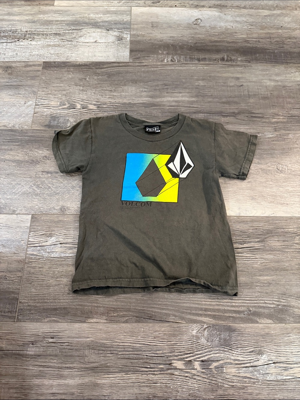Volcom Olive Short Sleeve Tee with Blue & Yellow Graphic